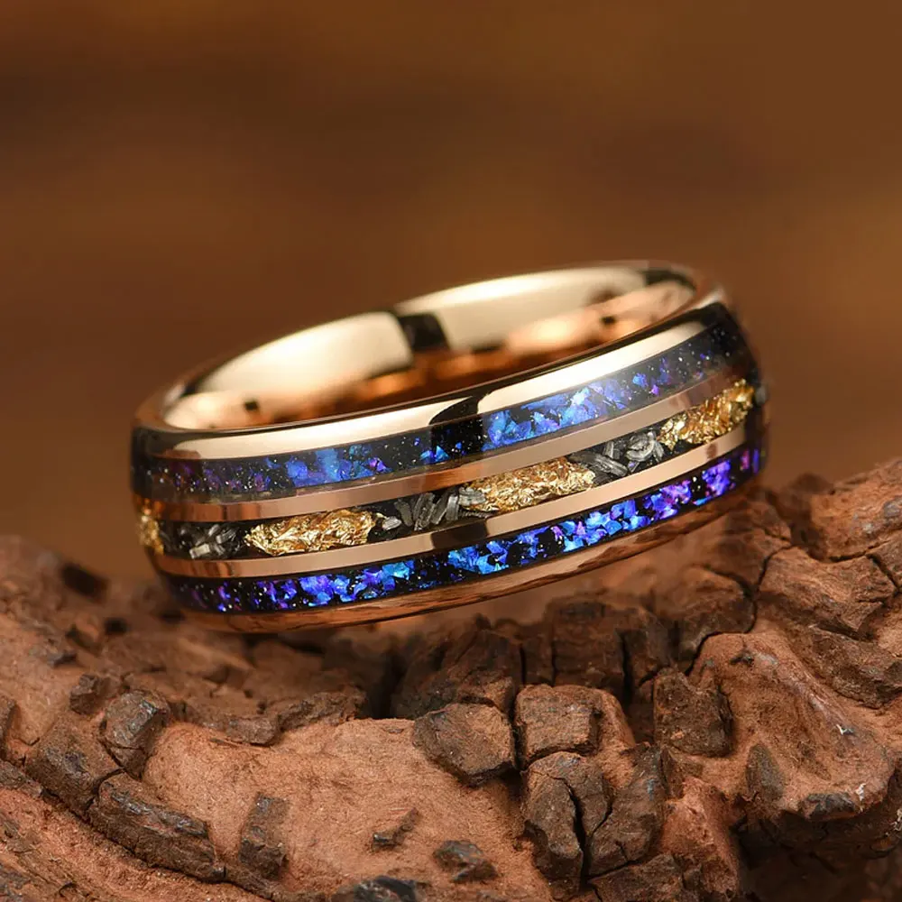 1pc 8mm Men's Tungsten Galaxy Ring Inlaid Meteorite Sandstone and Opal Black Nebula Ring Engagement Or Anniversary Gift For Hus