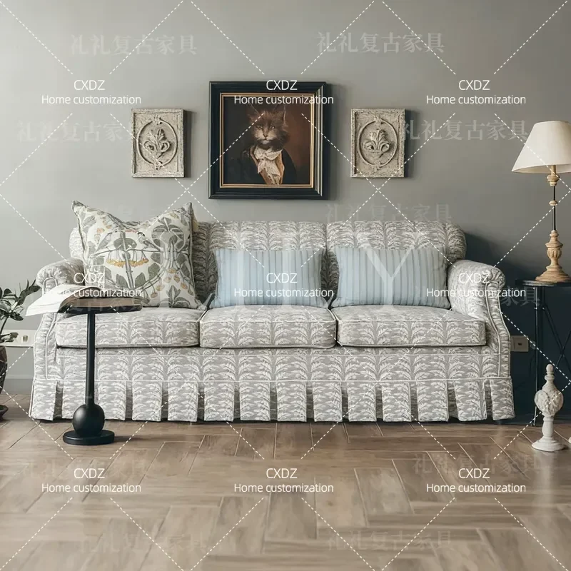 Pastoral Retro Fabric Sofa Solid Wood Three Seater Couch Small Apartment Living Room Rural Home Leisure Furniture