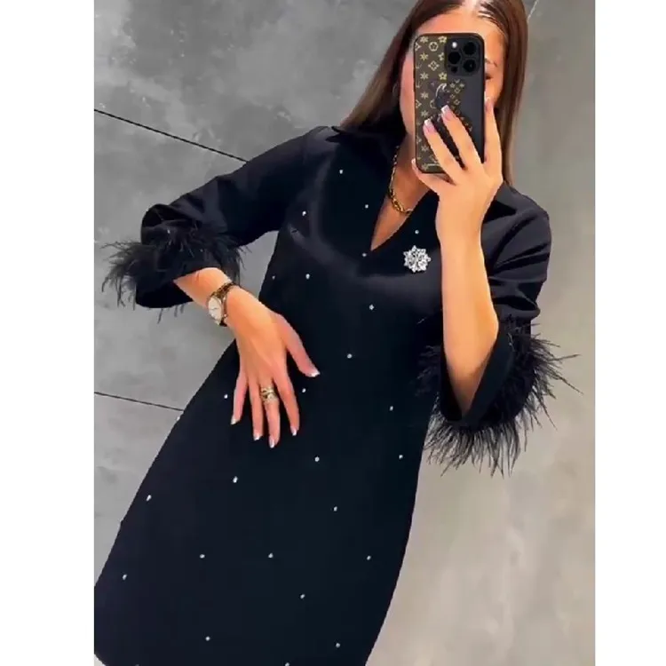 Black Feather Long Sleeve V Neck Dress For Women\'s  Fashionable Socialite Light Luxury Classic Hot Diamond Party Ladies Dresses