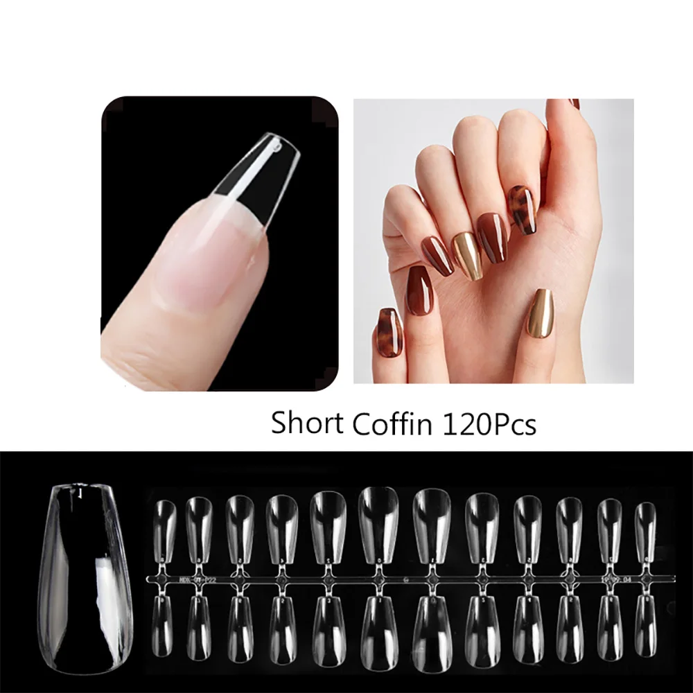 Cobertura completa Dicas Unhas Artificiais, Prego Falso, Coffin Pressione, Bailarina Longa, Clear, 120pcs por Saco