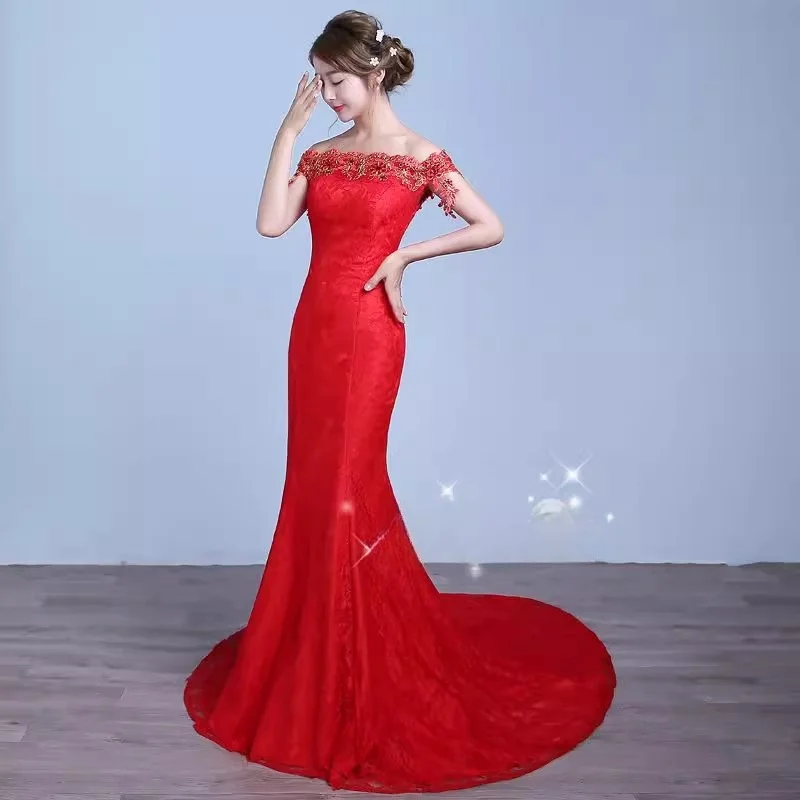 It's yiya Red Wedding Dresses Cheap Simple Lace Appliques Off the Shoulder tromba Mermaid Trailing Plus size abiti da sposa XN085