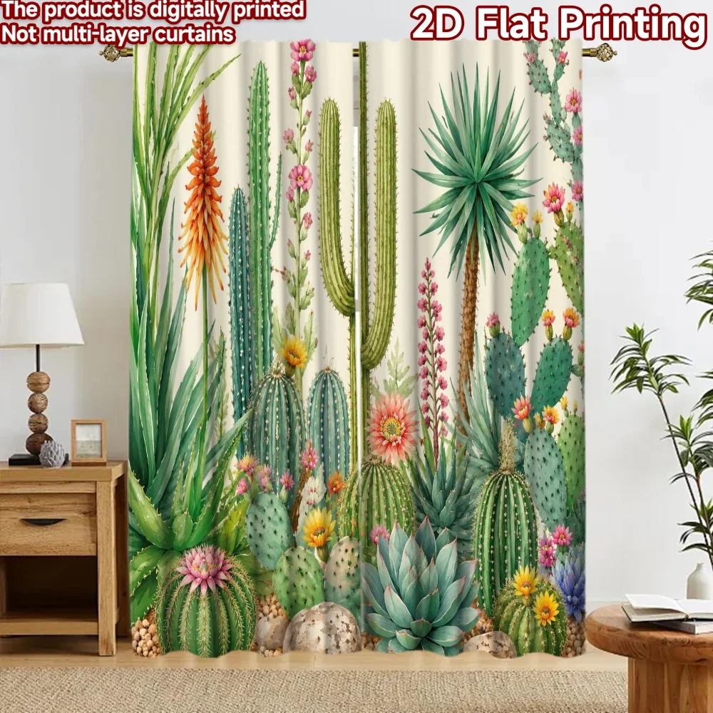 2D flat 2pcs Curtain Retro Country Style Curtains Blooming Desert Cactus Digitally printed polyester, colorfast Holiday