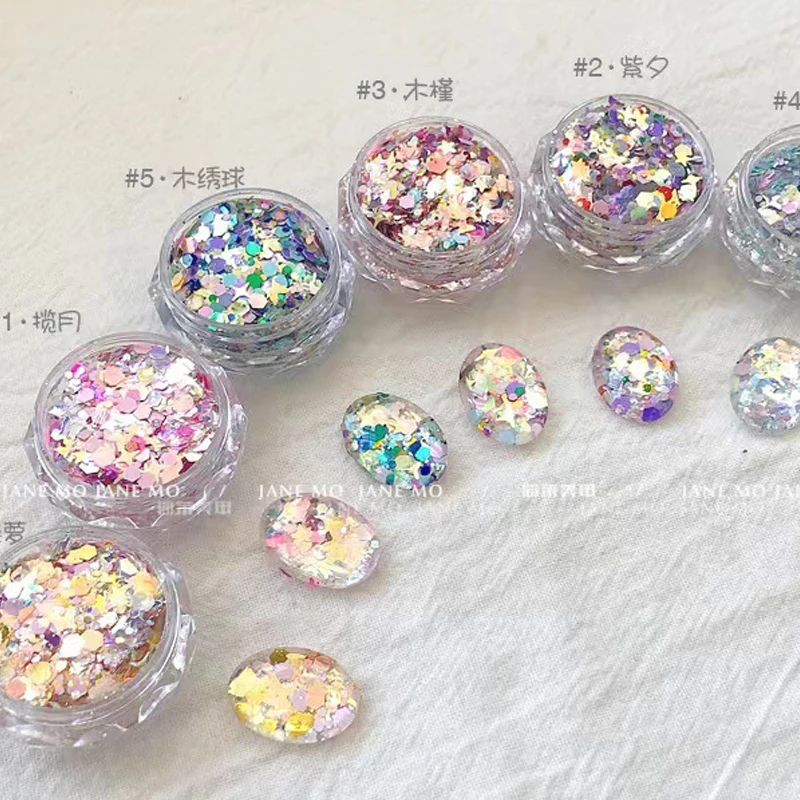 Paillettes glitterate a sirena lucide a 6 colori misti esagono/a forma di stella scaglie robuste paillettes per manicure colorate olografiche 3D P7-TH67W