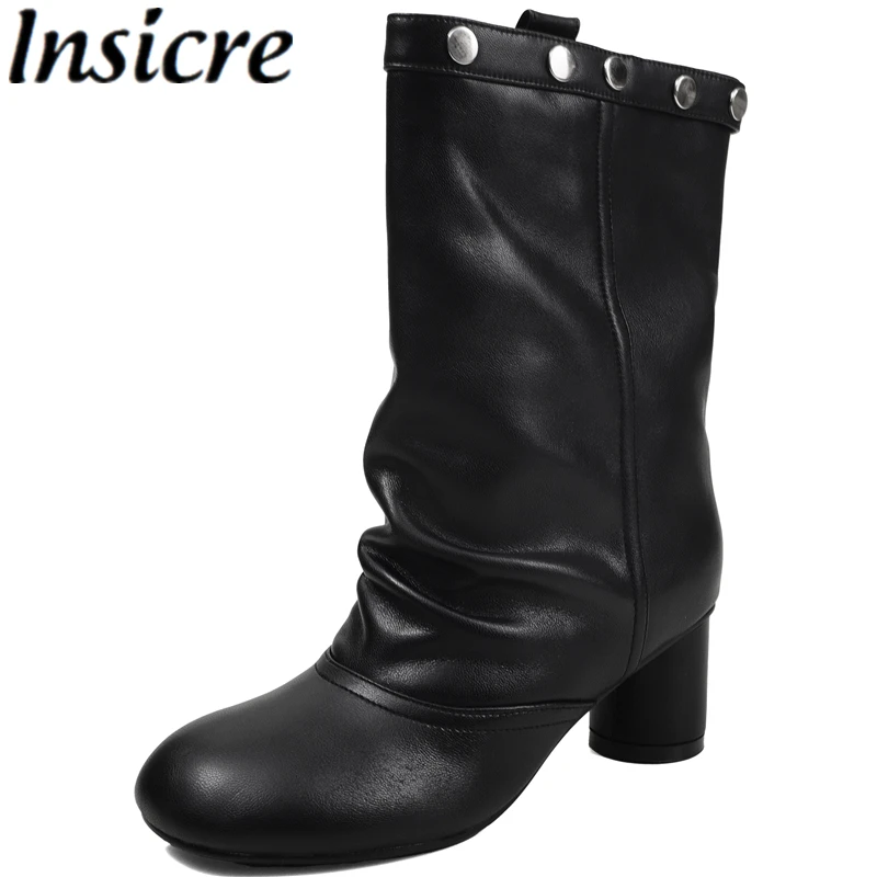 Insicre 2026 New Fashion Women's Ankle Boots Sheep Split Leather Round Toe Thick High Heels Handmade Winter Shoes