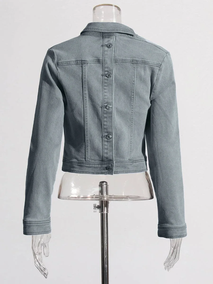 Plus Size Formal Jacket Casual Blue Short Spring Stand-Up Collar One Shoulder Long Sleeve Button Denim Jacket Only Denim Part