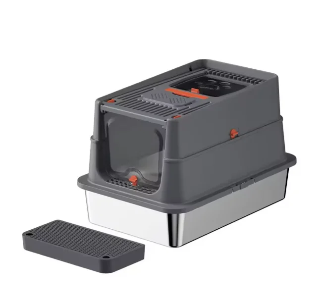 Fully Enclosed Large Cat Litter Box in Stainless Steel with Anti-Scatter Odor-Proof Feature Easy Clean Carry Handle Scoop Lid