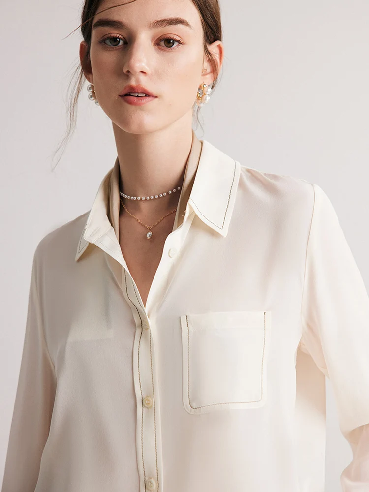 SuyaDream Women White Shirts 100%Silk Crepe De Chine Single Breasted Chest Pocket Blouses 2023 Spring Summer Office Lady Top