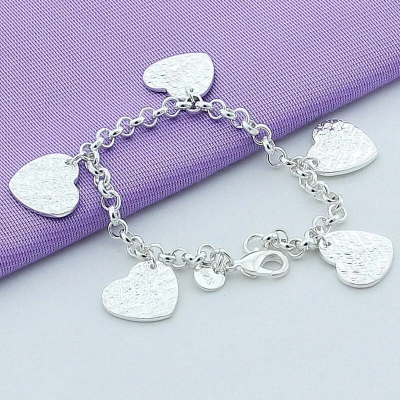 925 Sterling Silver Magic Pattern Heart Brand Link Bracelet Jewelry Five Hanging Pieces
