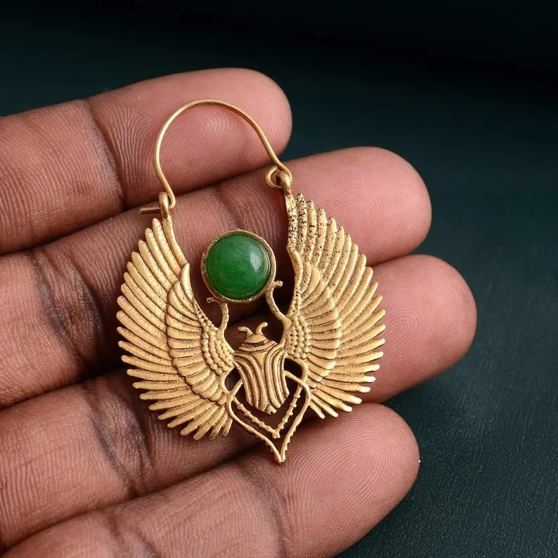 Vintage Egyptian Inspired Designs Sacred Wings Scarab Large Hoops Earrings Gypsy Tribal Women Gold Color Earrings Party Gift