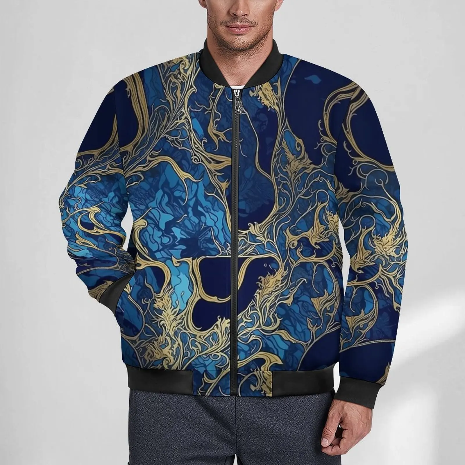 

Abstract Japanese Seigaiha Jackets Blue and Gold Autumn Coats Men Aesthetic Casual Jacket Outerwear Oversized Windbreakers Gift