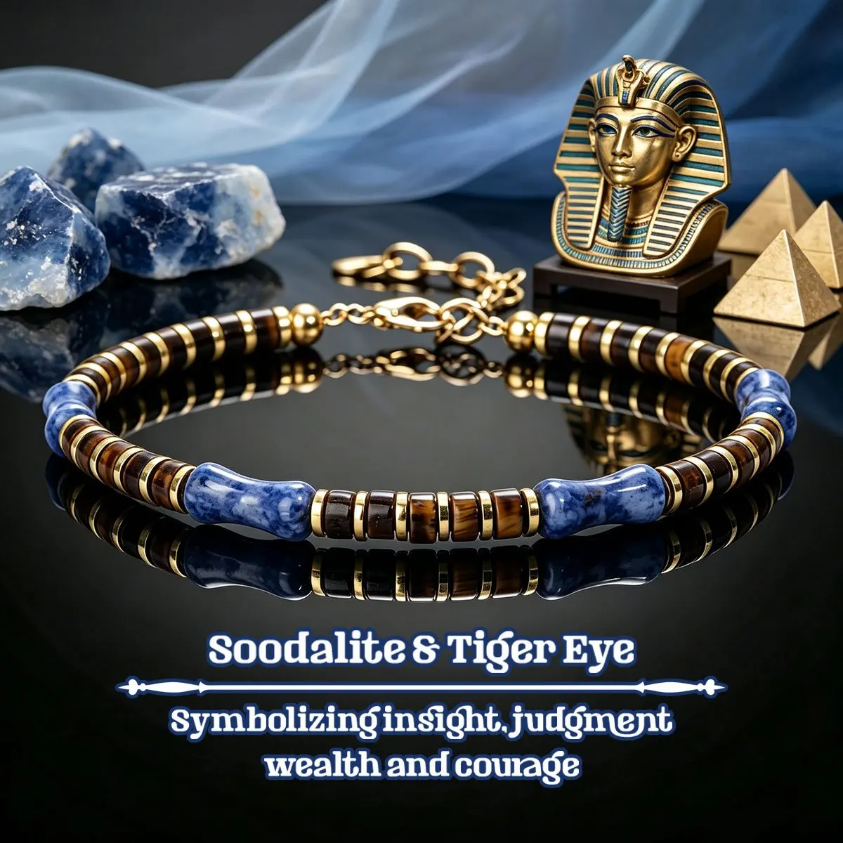 Square sodium stone tiger eye bone bead bracelet,symbolizing insight and courage,adjustable gold chain,men's and women's jewelry