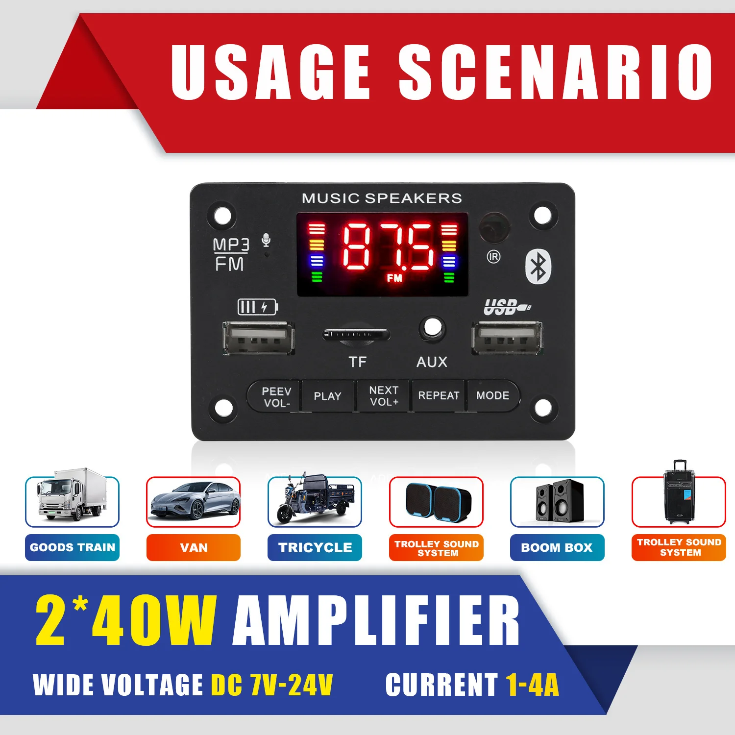 80W Amplifier MP3 WMA WAV Decoder Board USB Charging Bluetooth 5.0 Wireless Music Player 5V-20V Car FM Radio AUX Call Recording