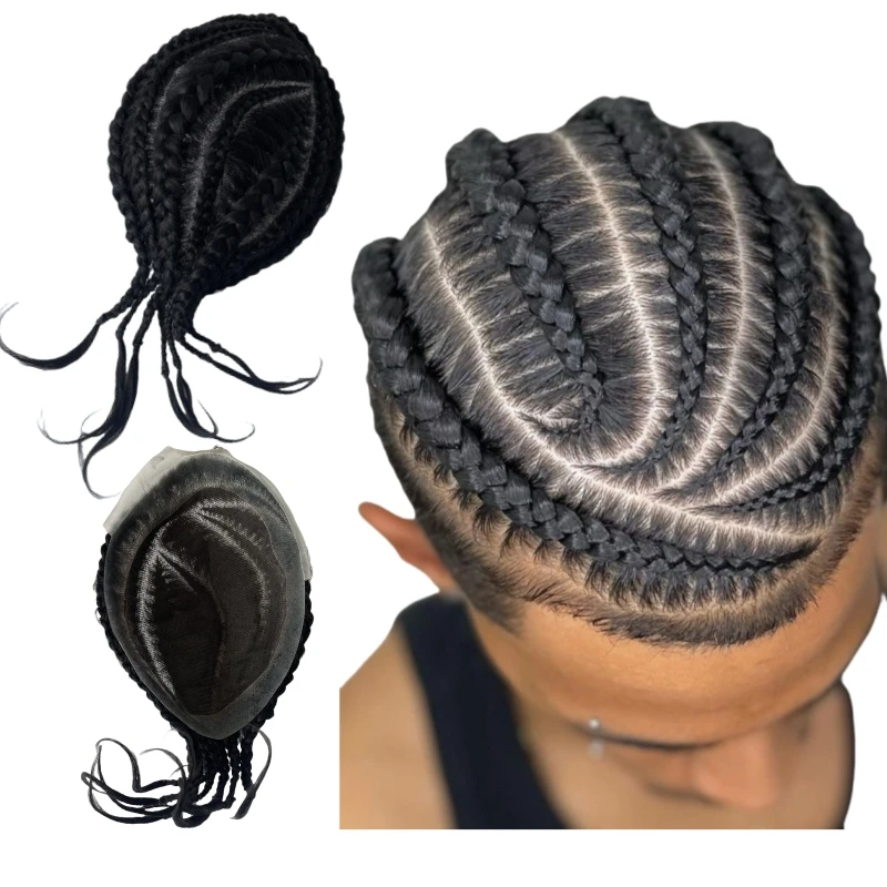 Mongolian Virgin Human Hair Hairpieces 1b Black Cornrow Braids Toupee 8x10 Center Lace with PU Perimeter AUS Unit for Black Men