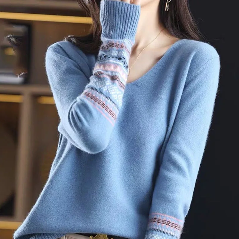 Autumn Winter Fashion All-match Long Sleeve Patchwork Sweaters Women\'s Clothing Korean Temperament Lady V-Neck Knitted Pullovers