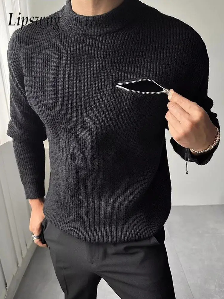 

Fall Winter Outdoor Casual Mens Sweaters Vintage Mock Neck Slim Fit Knit Jumpers Men Clothes Stylish Zipper Design Sweater