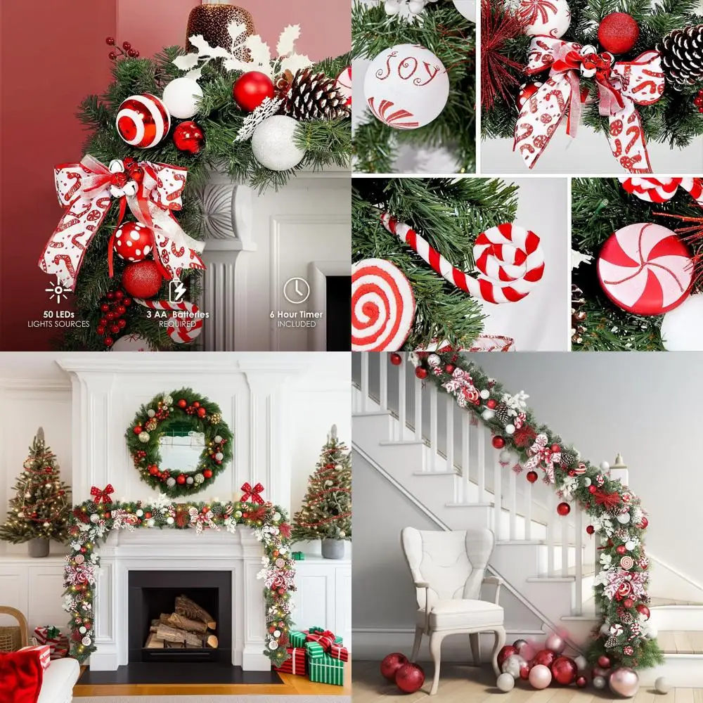

Battery-Powered 9ft Candy-Themed Red & White LED Christmas Garland with 50 Lights