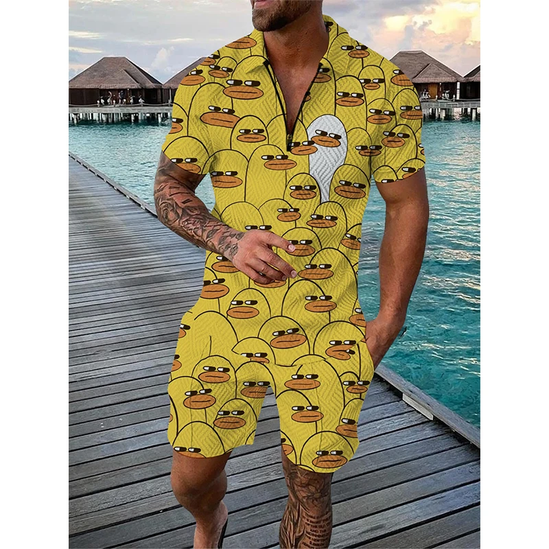 3D Cartoon Duck Pattern Print Men's Sets Fashion Zip Polo Short Sleeve Top +Shorts Outfit Summer Street Trend Oversized Tee Suit