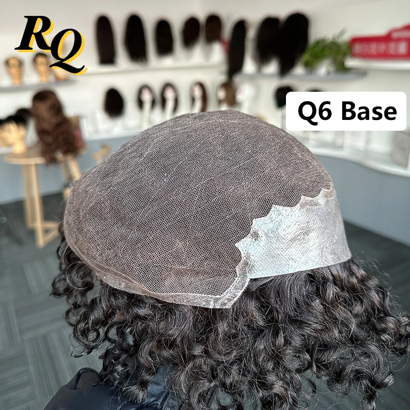 Q6 Men Toupee Peruk 15mm Curls Pre Cut Styled Human Hair Toupee For Men Hair Replacement System Piece Protesis Hombre Male Wig