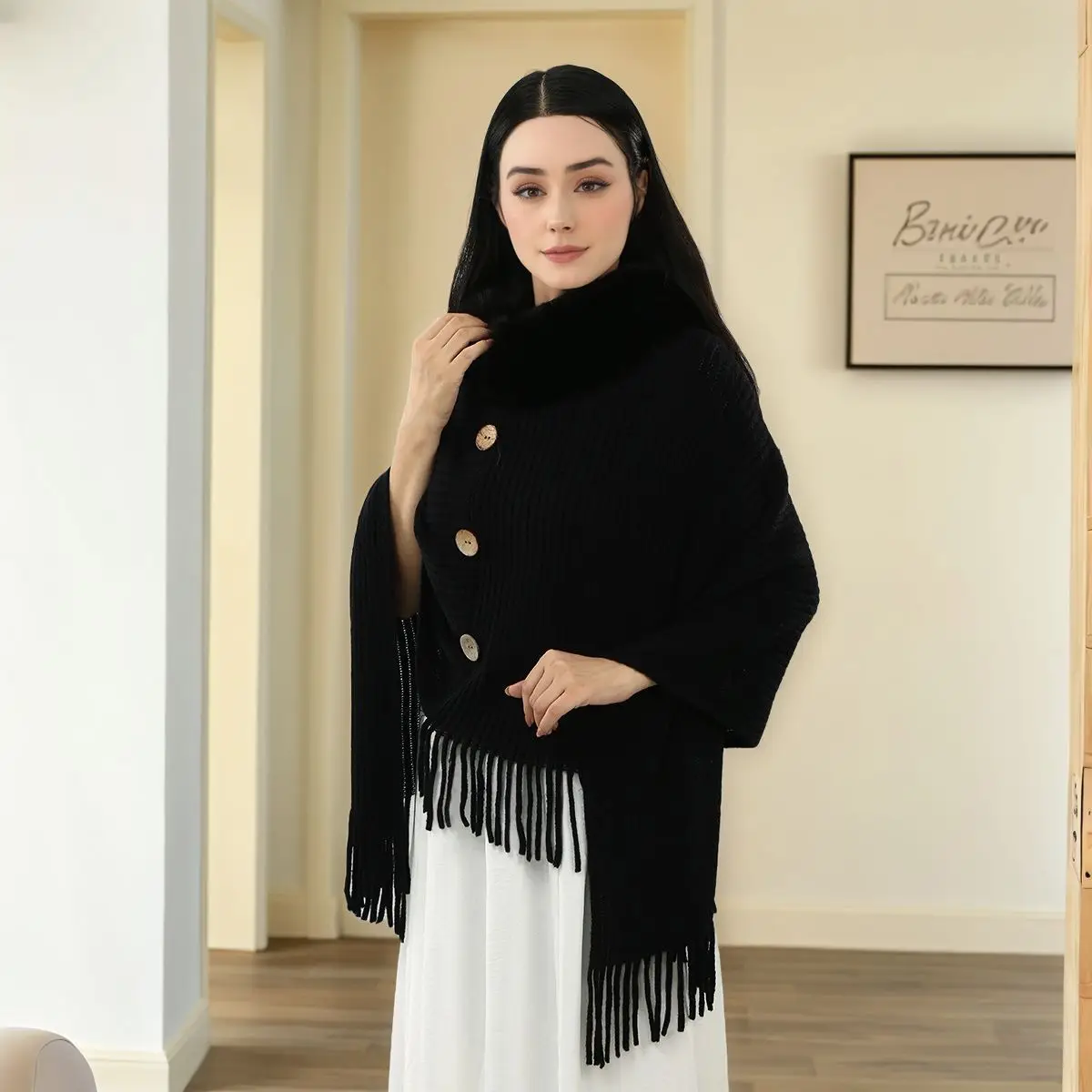 Selendang Rajut Musim Dingin Baru, Selendang Cape Fashion Wanita Hitam Putih, Ponco Tebal, Syal Mewah, Jubah Wanita, Cape Stole