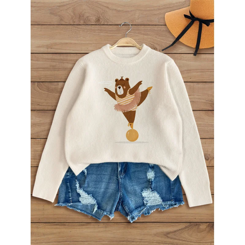 

Gymnastics Bear Print Knit Cardigan Women's Autumn Winter Button-Up Sweater, Loose Fit, Warm Casual Fashion Gift