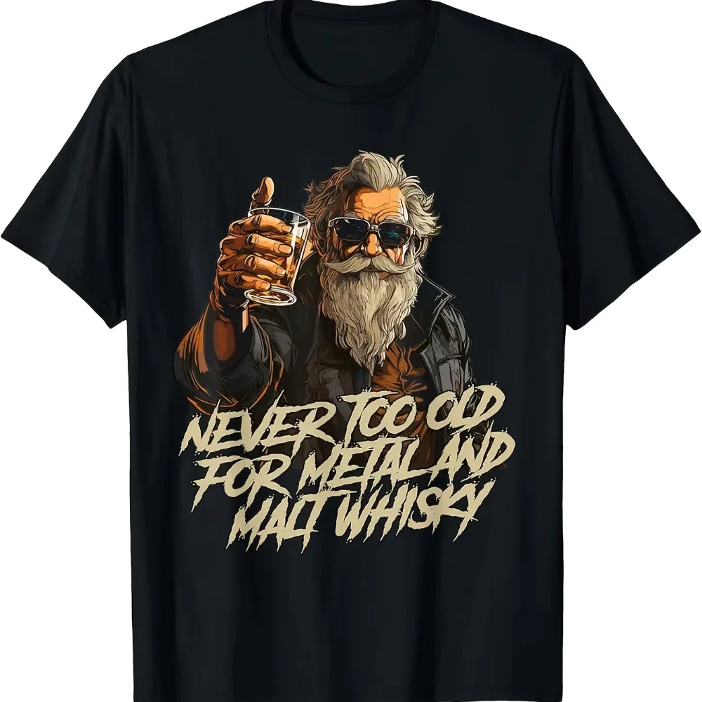 Men's Vintage Rocker Graphic Tee Heavy Metal Whisky Lover Shirt Bold Never Too Old for Metal Malt Whisky Print Black T-Shirt