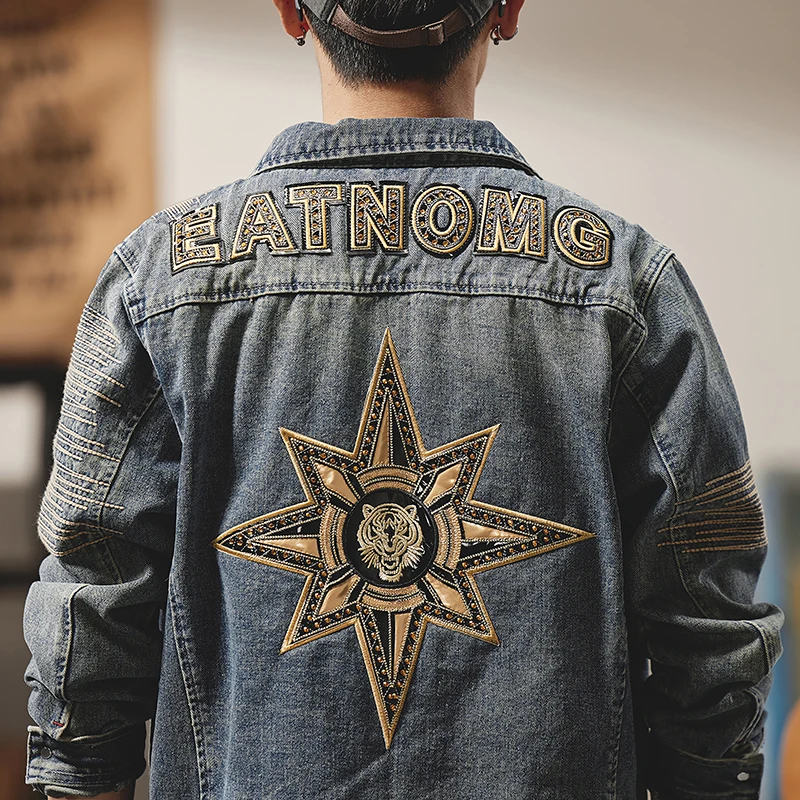 

New Retro Denim Jacket Men Washed High Street Motorcycle Five Pointed Star Sticker Embroidery Casual Fashion Versatile Youth Top