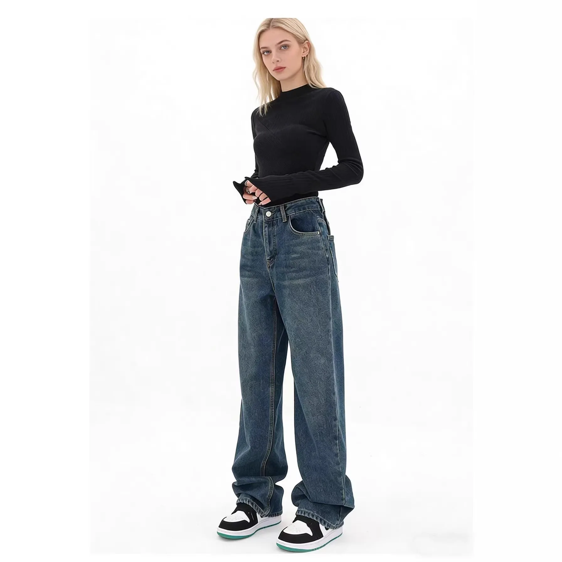 2026 American Style Women Retro Blue Loose Fit Simple Basic Casual Daily Wide Leg Straight Jeans Pants Female Denim Trousers