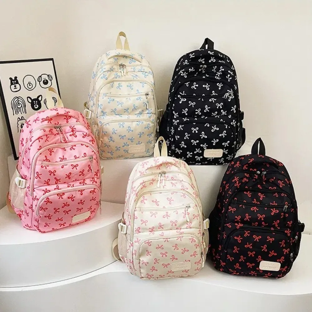 3 Pcs/Set Cute Large Capacity Bow Backpack Bow Print Nylon School Bag Adjustable Strap Student Backpack