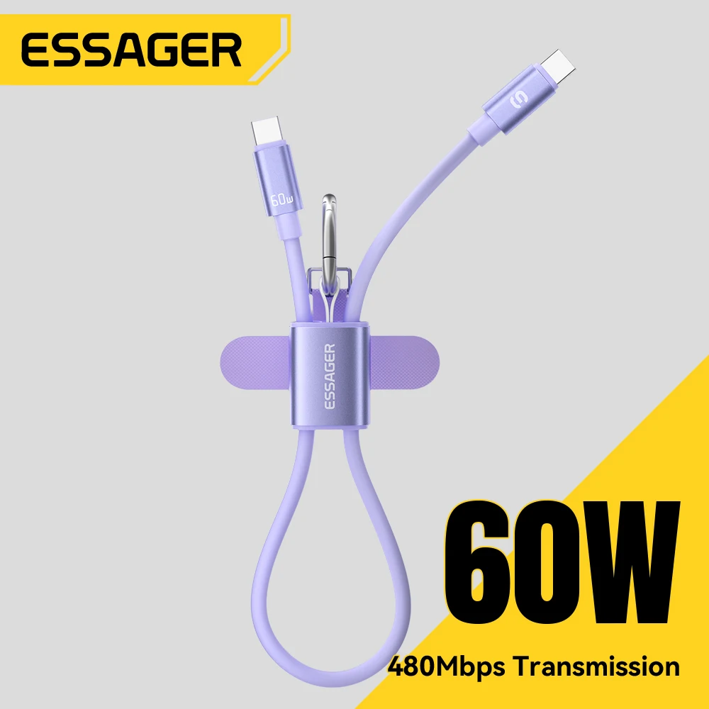 Essager 60W USB Type C Lanyard Charging Cable Short Cable for Samsung S25/S24 Xiaomi iPhone 17/16/15 pro C to C Cable