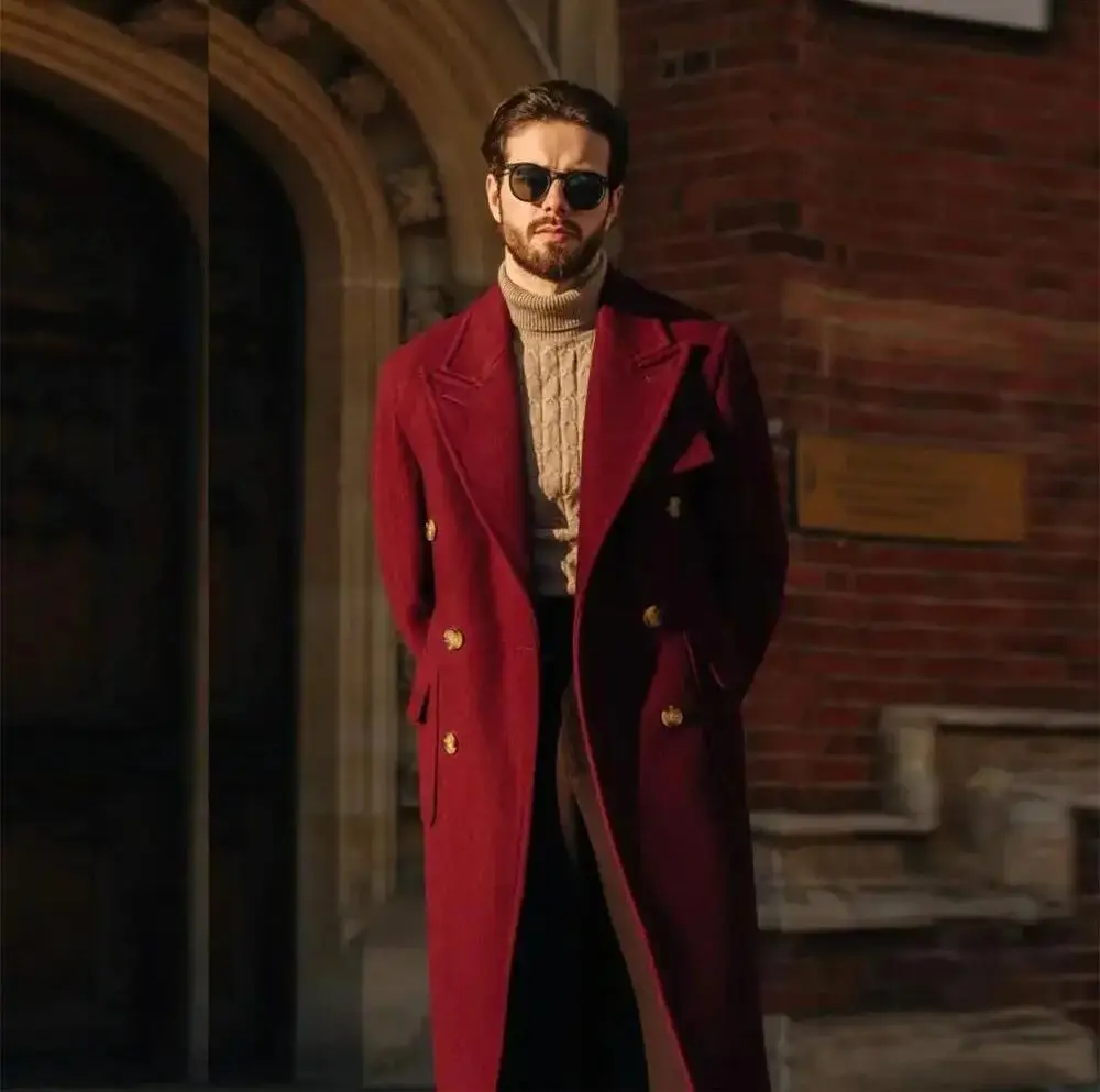 

High-quality Burgundy Double Breasted Men Suit Long Jacket One Piece Male Business Handsome Clothing