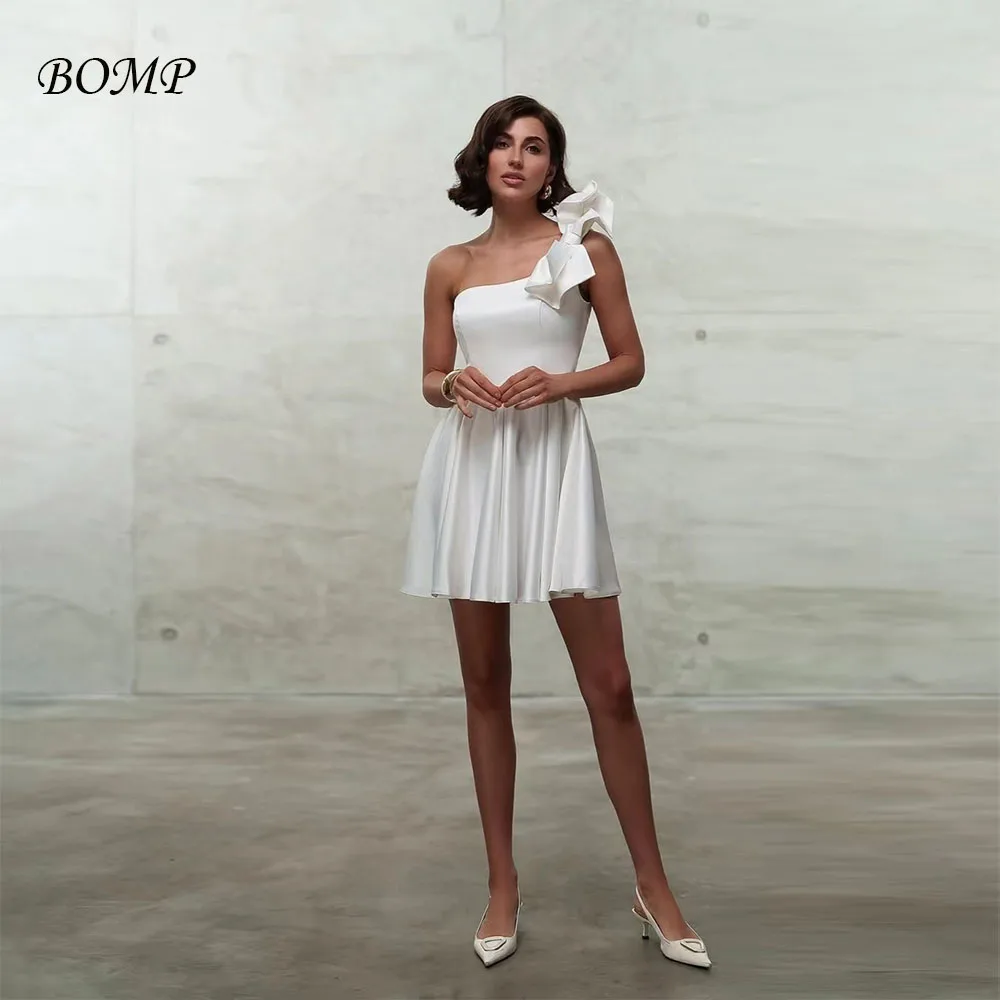 

BOMP Simple Short Wedding Party Dress Bow One Shoulder Draped A-Line Knee Length Satin Special Occasion Prom Gown Cutsomized