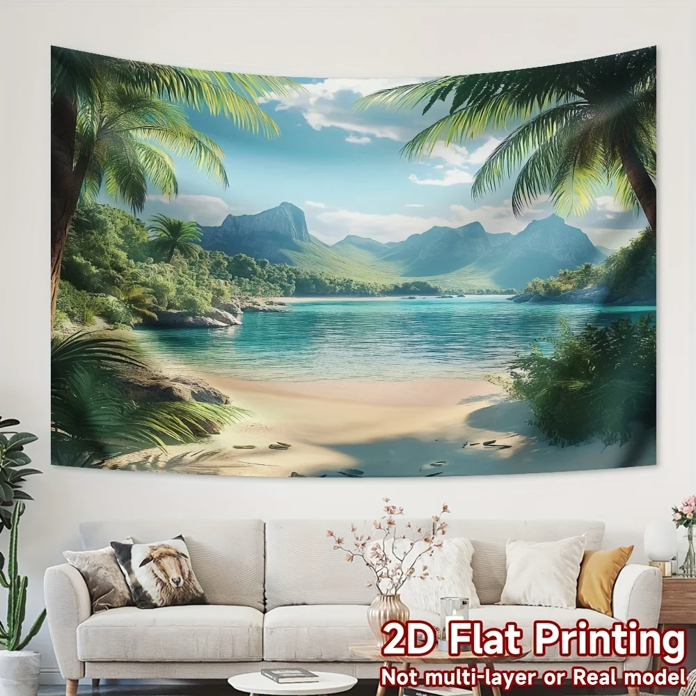 2D Flat Tropical Beach Tapestry, Palm Tree Mountain Lagoon Seaside Print, Wall Hanging Decor for Bedroom Living Room