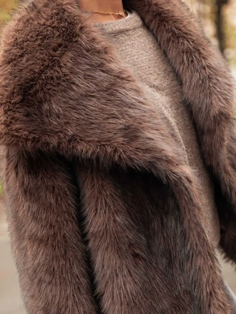 Women Brown Big Lapel Faux Fur Fury Fashion Fluffy Long Sleeved Thick Warm Fury Jacket 2024 Winter Lady Casual Street Outwear