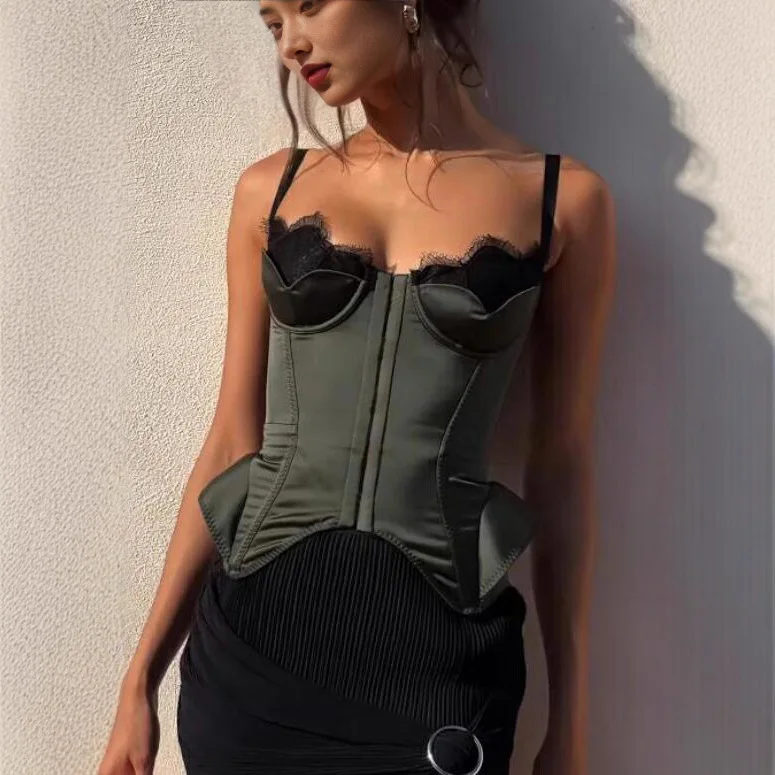 Satin Corset Top Y2K Streetwear Hem Bustier Pad Waist Short Length Inner Wear Zipper Closure Pure Color Fashionable Vest