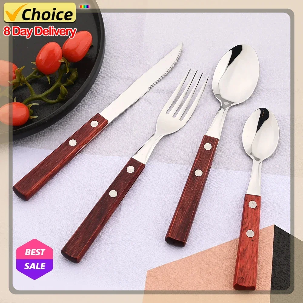 1/4Pc Red Wood Handle Cutlery Set 304 Stainless Steel Tableware Wooden Handle Spoon Knife Fork Dinnerware Kitchen Silverware Set