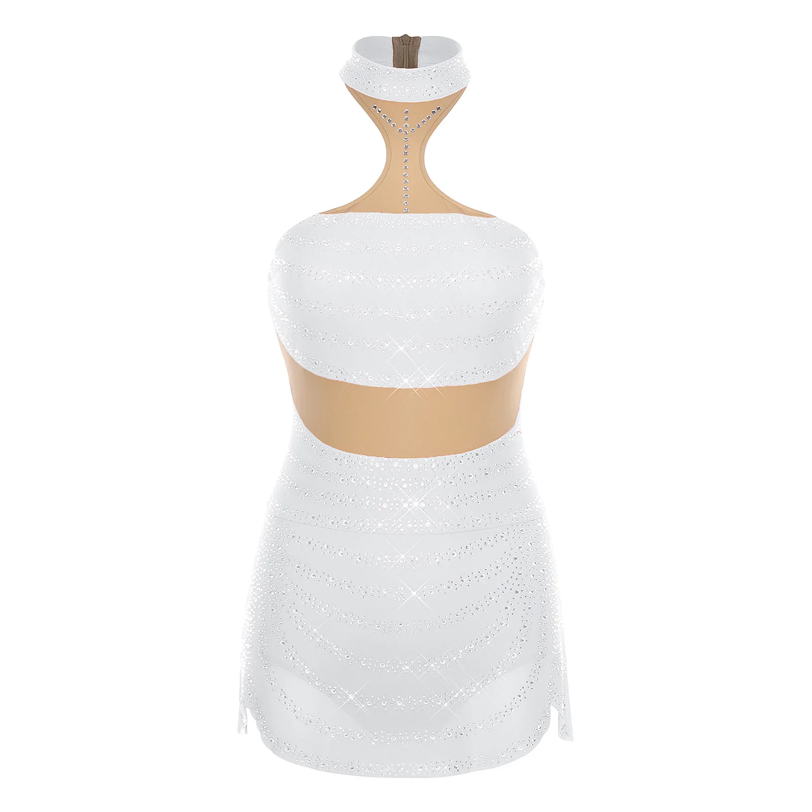 女性フィギュアアイススケートダンスドレスラインストーンホルターネックノースリーブレオタードモダンラテンチャチャルンバダンスパフォーマンス衣装