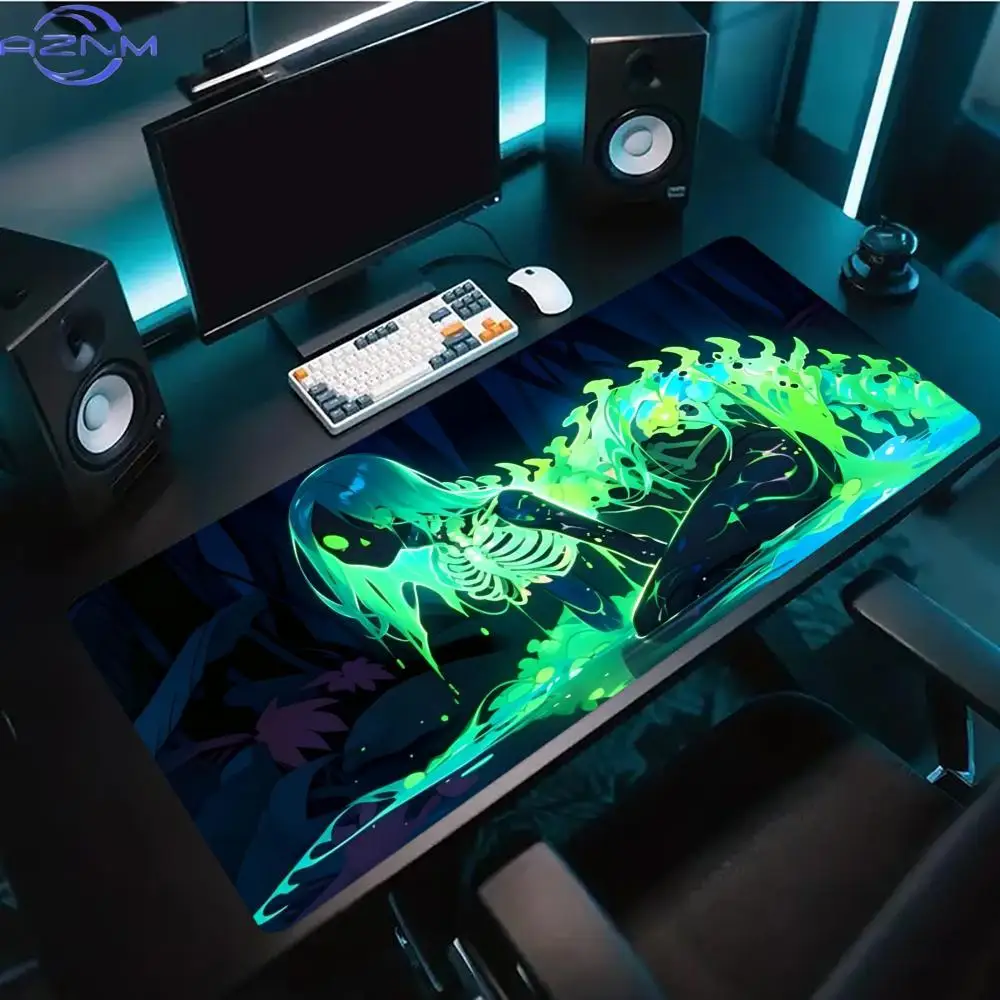 Neon Ghost Skeleton Graphic Extended Desk Mat Non Slip Rubber Stitched Edge Gaming Keyboard Table Mat For Laptop PC Gamers