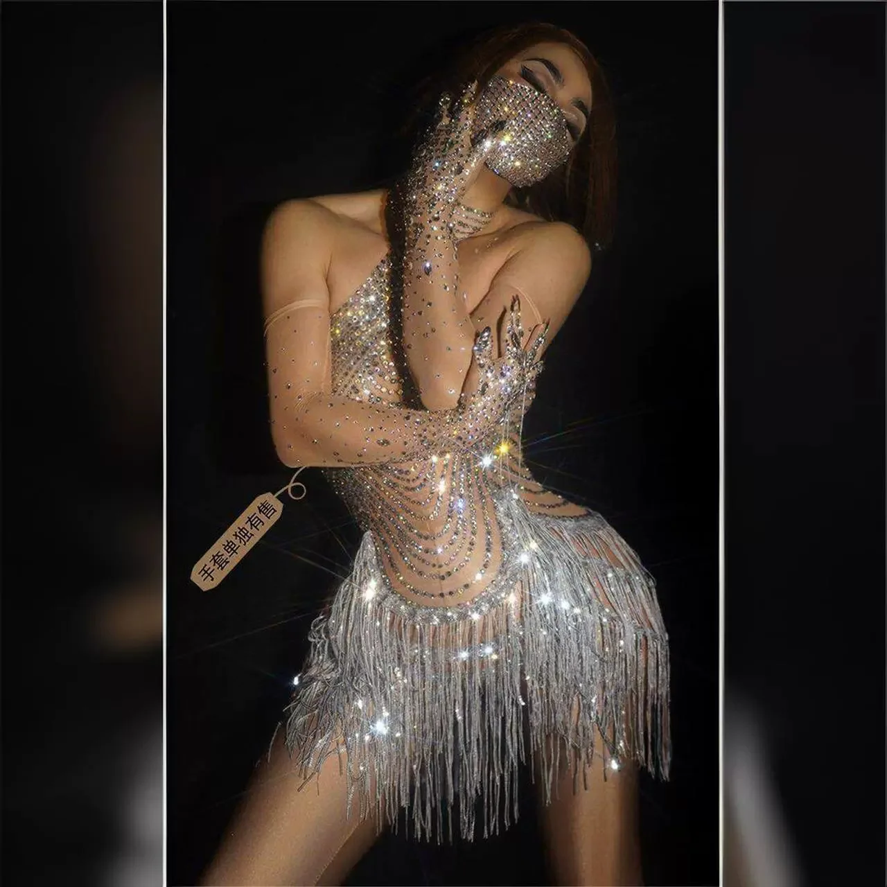 

Full diamond skirt new nightclub party performance sexy tassel elastic slim jumpsuit stage performance suit