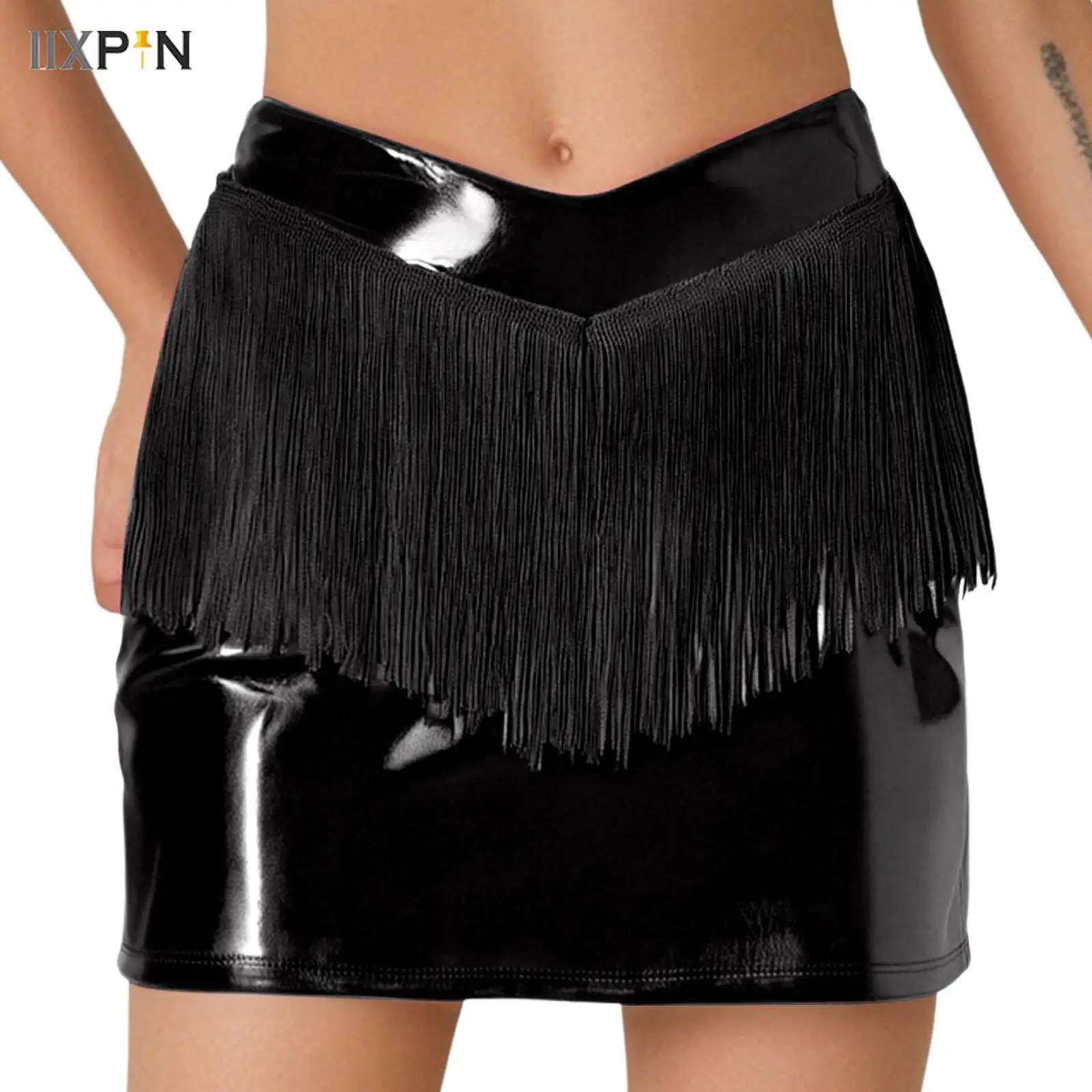 

Women PU Patent Leather Fringed Skirt Wet Look V-Front Side Invisible Zipper Miniskirt for Nightclub Dance Rave Party Clubwear