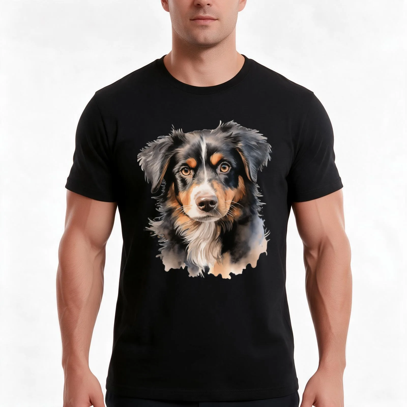 Black Tri Mini Australian Shepherd Watercolor Portrait T-Shirt, Summer Casual Cotton Tee, Oversized Streetwear Tops, 100% Cotton