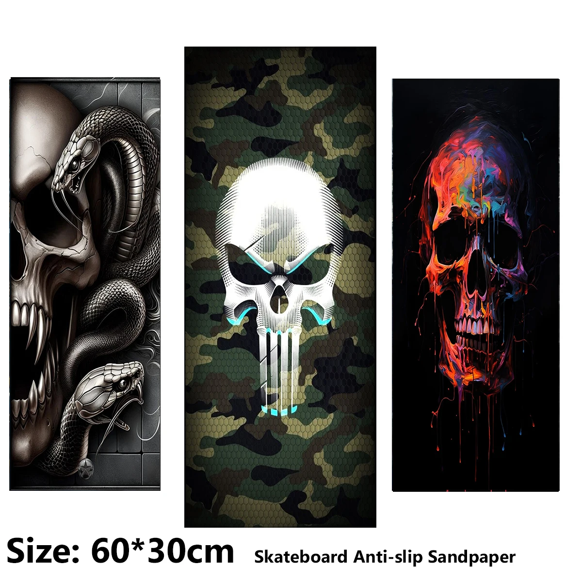 

Black and White Snake Head Rainbow Skull Pattern Electric Scooter Anti-slip Sticker Sandpaper Skateboard Grip Tape Sheet 60*30cm