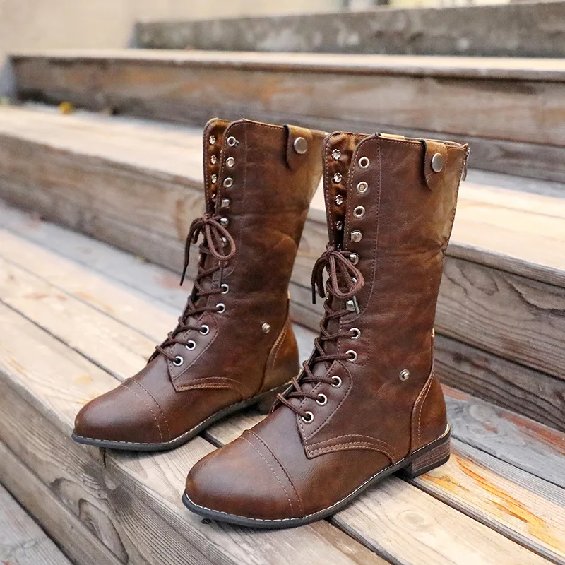 Mid-calf Boots Fashion Black Solid Color Retro Cowboy Western Lace Up Shoes Cosplay Accessories Stage Costume Props For Unisex