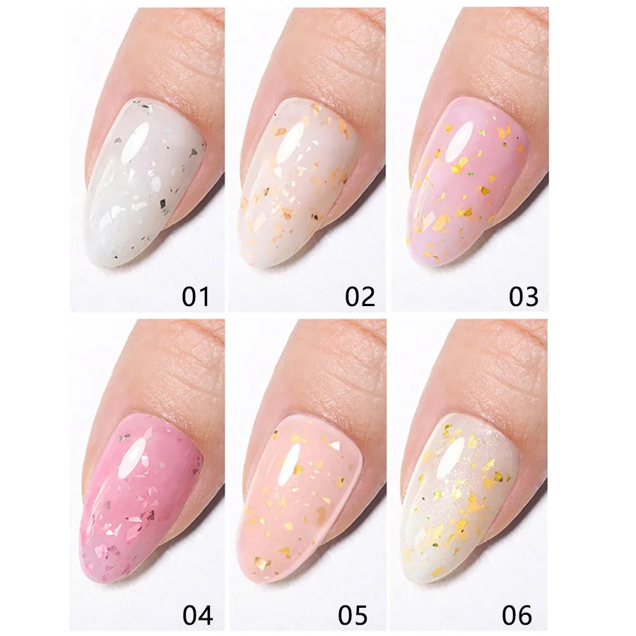 7ml Glitter Rubber Base Gel Polish Pink White Gel Top Coat with Gold Sequins Soak Off UV LED Nail Art Gel Varnish Manicure #GY95