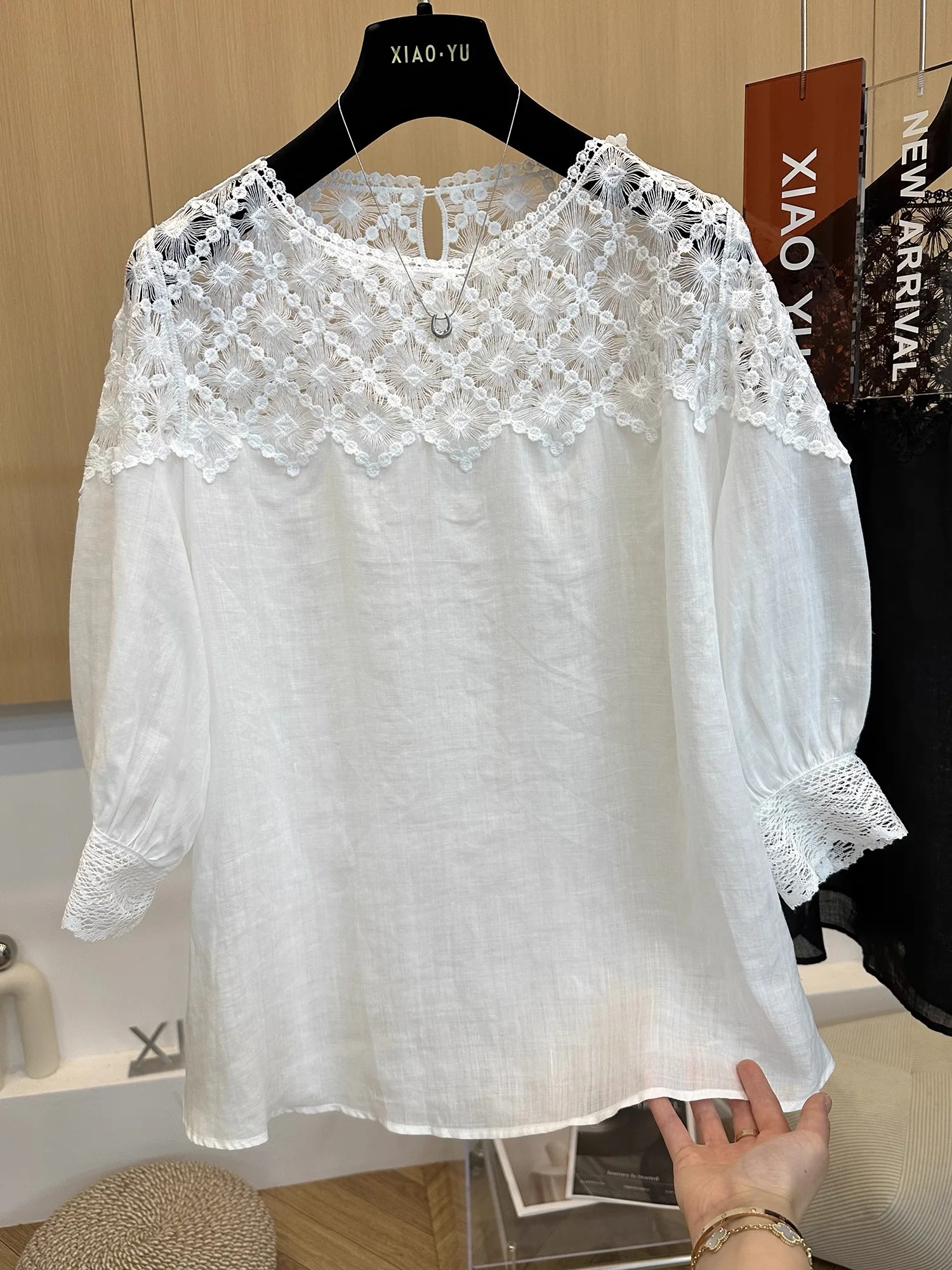 

White Lace Splicing Cotton Linen Shirt Women's 7/8 Sleeve round Neck Hollow Loose Doll Shirt Top Korean Style Breathable