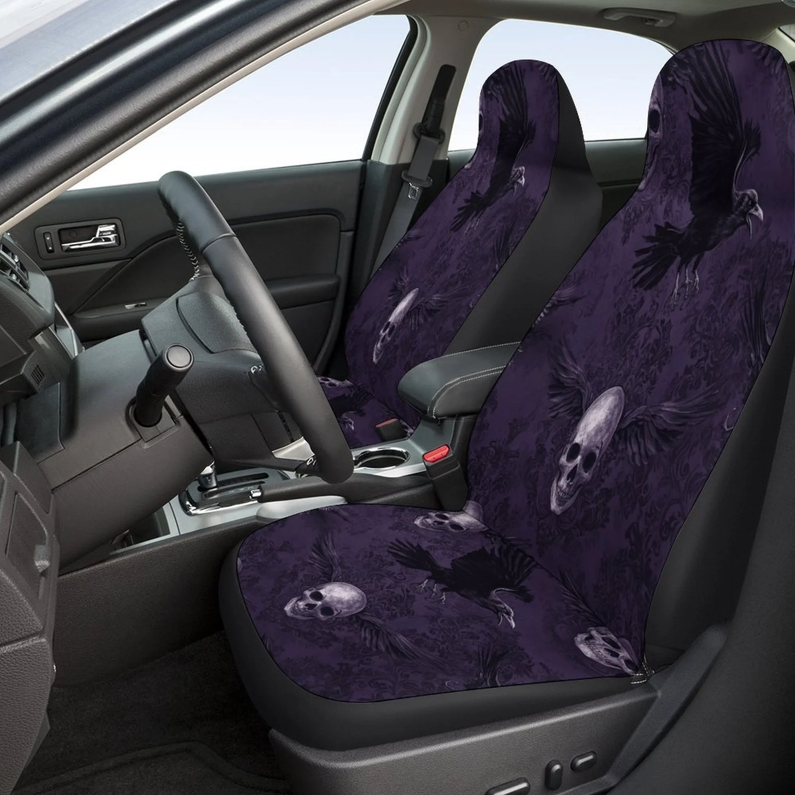 Gothic Skull And Raven Pattern Designed Car Seat Covers Set For Most Cars, Trendy Novelty Decorative Car Seat Protector Covers