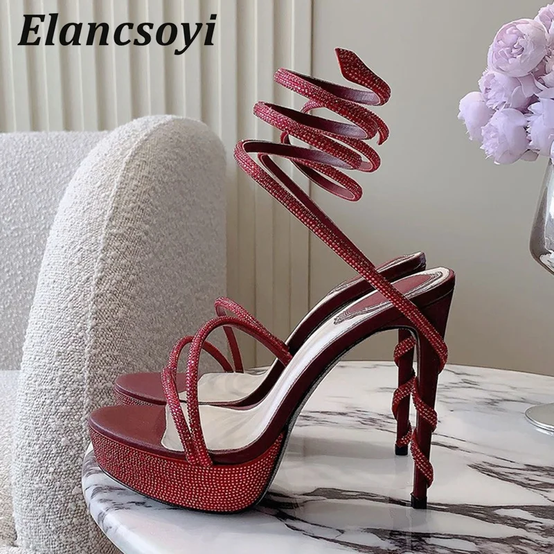 Sexy Stiletto Sandals Women Bling Rhinestone Ankle Snake Shaped Winding Party Dress Shoes Super High Heels Platform Sandalias