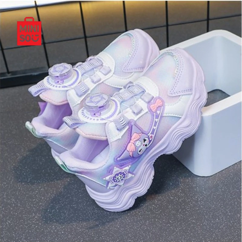 حذاء Miniso 2025 Kuromi للفتيات، نعل ناعم شبكي منسوج وجلد للأطفال والكبار والمراهقين