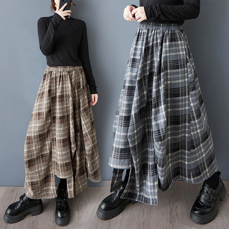 

Юбка миди с высокой талией в клетку, женская, плиссированная, асимметричная, весна 2025, повседневная, из смесового полиэстера и хлопка