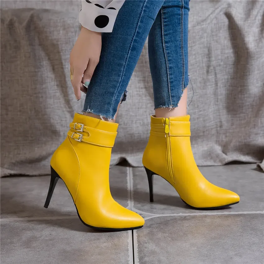 Big Size Winter Women Ankle Boots Red Yellow Black High Thin Heels Party Office Lady Pointed Toe Buckle Zipper Punk Short Boots