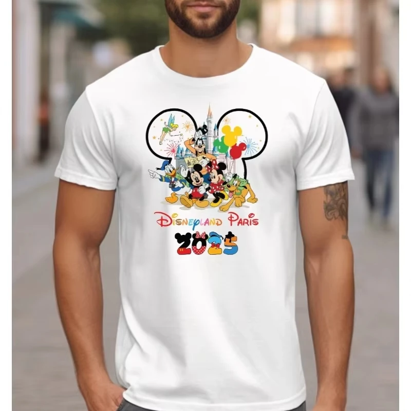 Camiseta de Disneyland Paris 2025 Mickey Minnie familia Disney Bell viaje regalo verano Camiseta de algodón de alta calidad